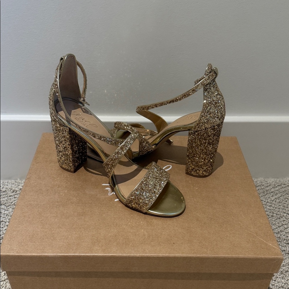 Badgley Mischka Gold Glitter Block Heel Sandals